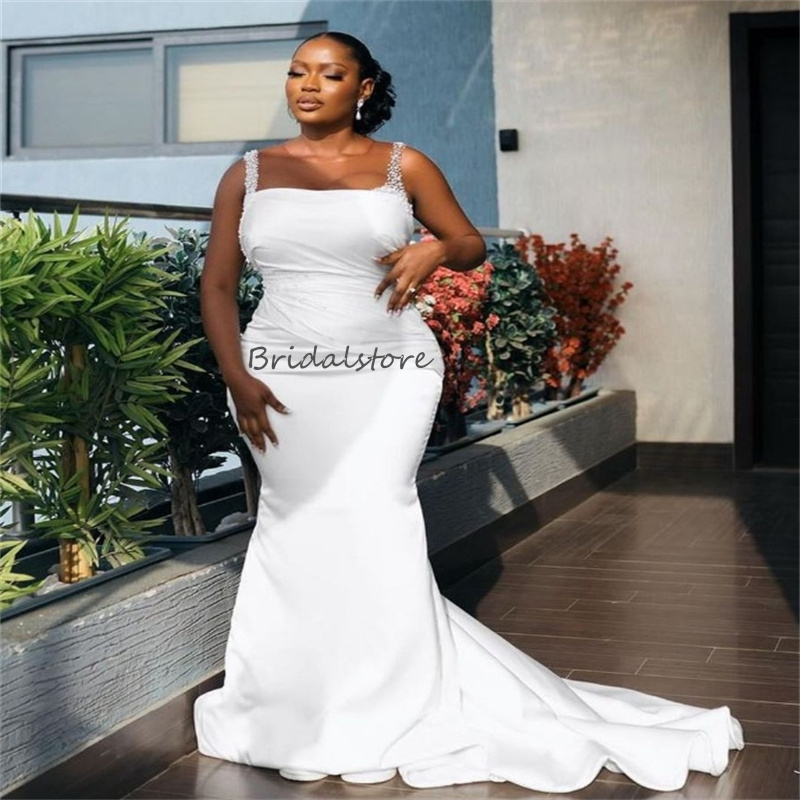 Stunning Mermaid Wedding Dresses With Detachable Train 2024 Elegant Plus Size African 2 In 1 Country Bridal Gowns Beaded Satin Church Bride Dress Vest