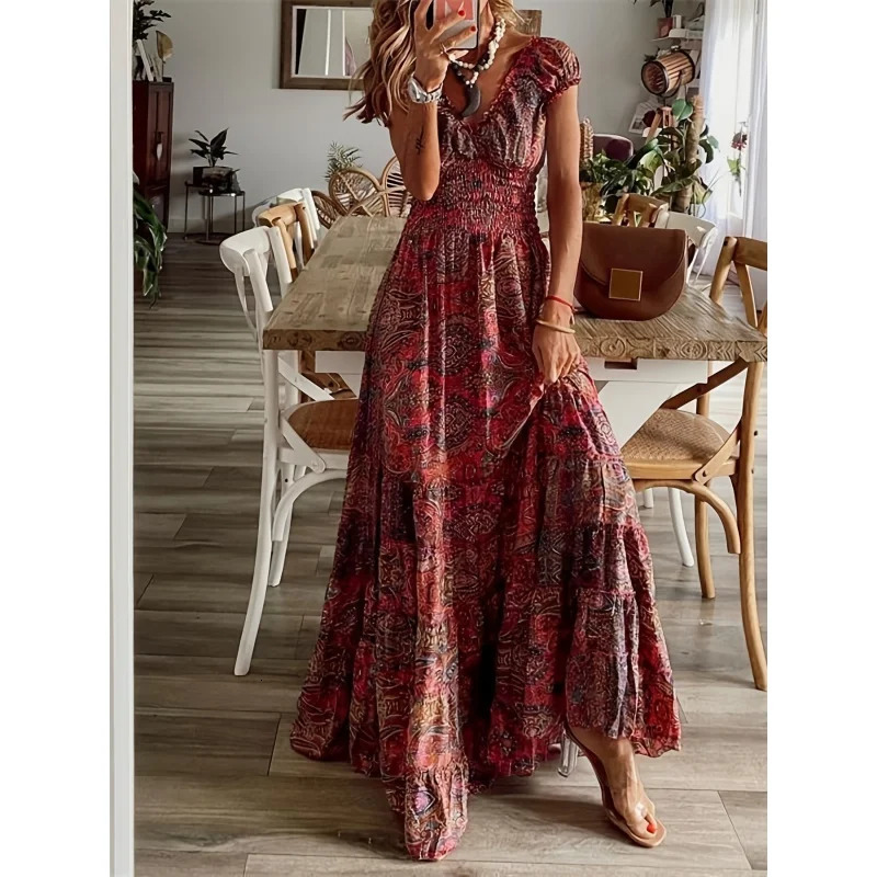 Boho floral print ruffle neck long dress-WOMENS summer swing dress 240529