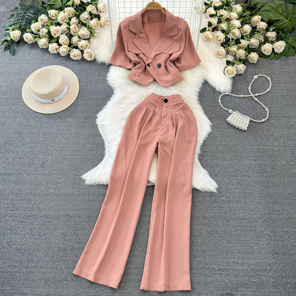 Fashion set womens Korean short sleeved suit collar slim fit short top two-piece high waisted straight leg wide leg pants