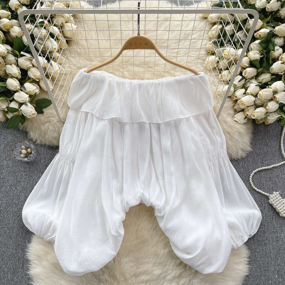 European style large edition shirt for women sweet and ruffled edge one line collar off the shoulder loose and slim irregular bubble sleeve top for wo