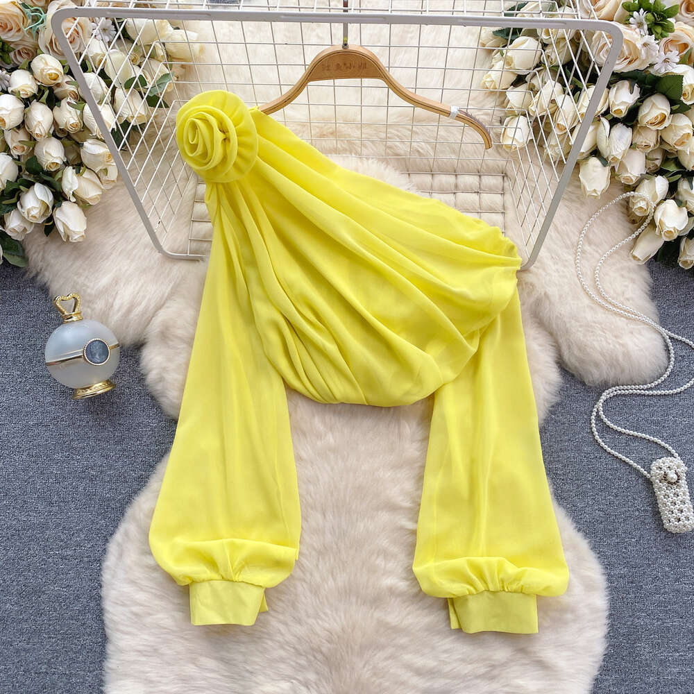 Chiffon shirt for women in 2024 new design sense three-dimensional flower diagonal collar off shoulder bubble sleeve French top womens spring fashion 