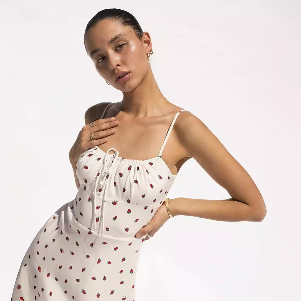 Oc 436M44 Women's Basic Casual Dresses Mulberry Silk Printed Camisole Skirt in Summer Simple and Fashionable in Europe and America