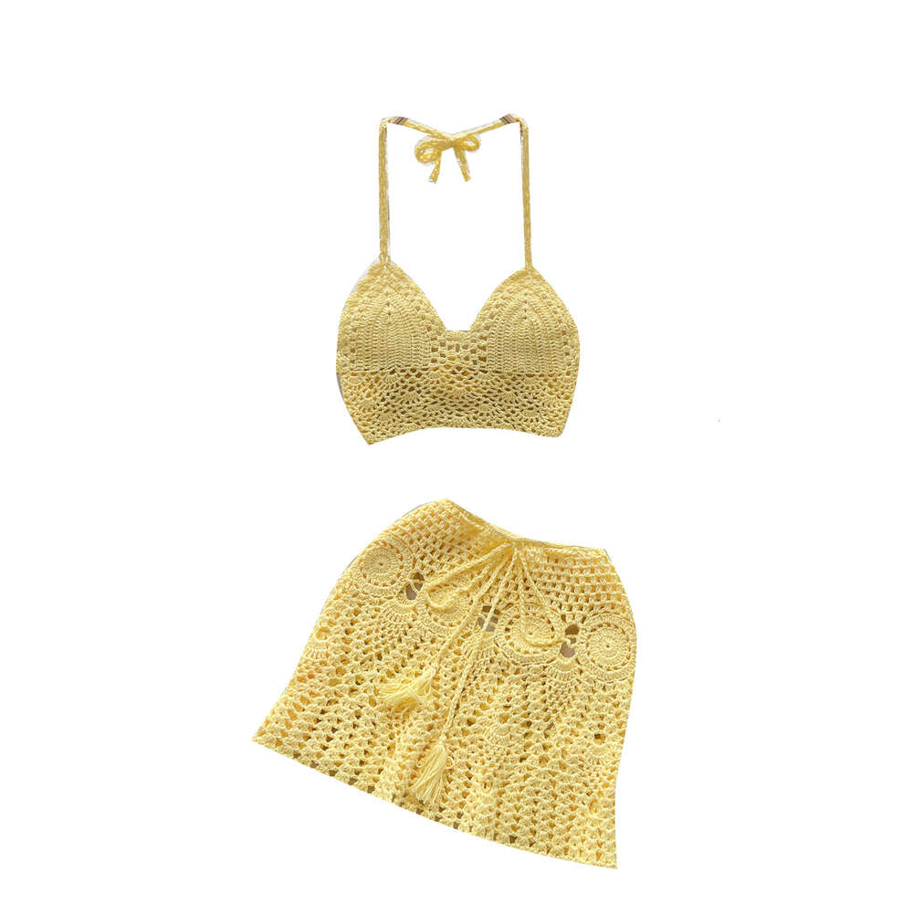 Beach resort style knitted camisole strapless hollowed out small vest+high waisted skirt spicy girl two-piece set for women