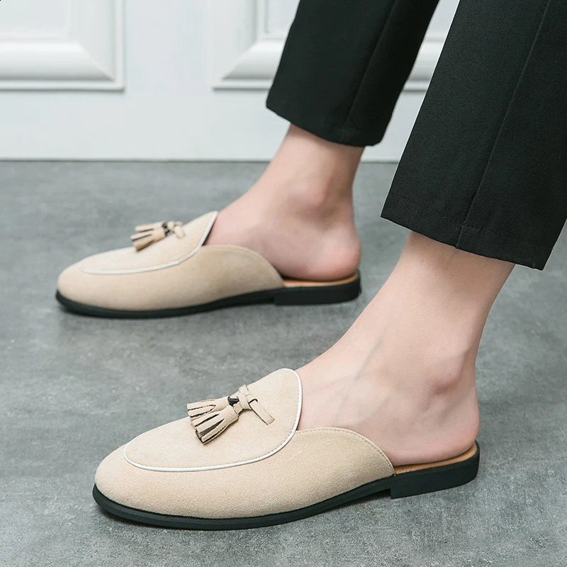 Men Green Black Half Slippers Driving Shoes Casual Patent Leather Suede Mules Moccasins Breathable Loafers atos Hombre 240606