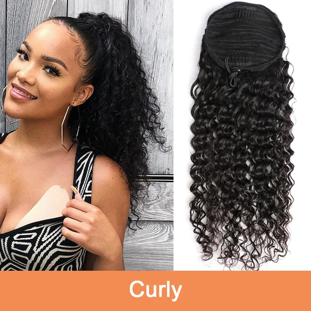 water Wave curly drawstring Ponytail Human Hair Extensions wraps full natural can be braided pony tail hairpiece Remy Hair Ponytails Clip ins 140g 4co