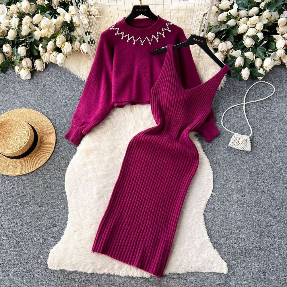 Autumn and Winter French Light Luxury High Grade Loose Knitted Round Neck Top+Strap Dress Two Piece Set for Women