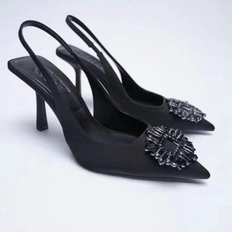 High-heeled Sandal A Word Back Trip with Rhinestone Decorated Bao Head Sandal Pointed Single Shoe Shallow High Heels Women 240528