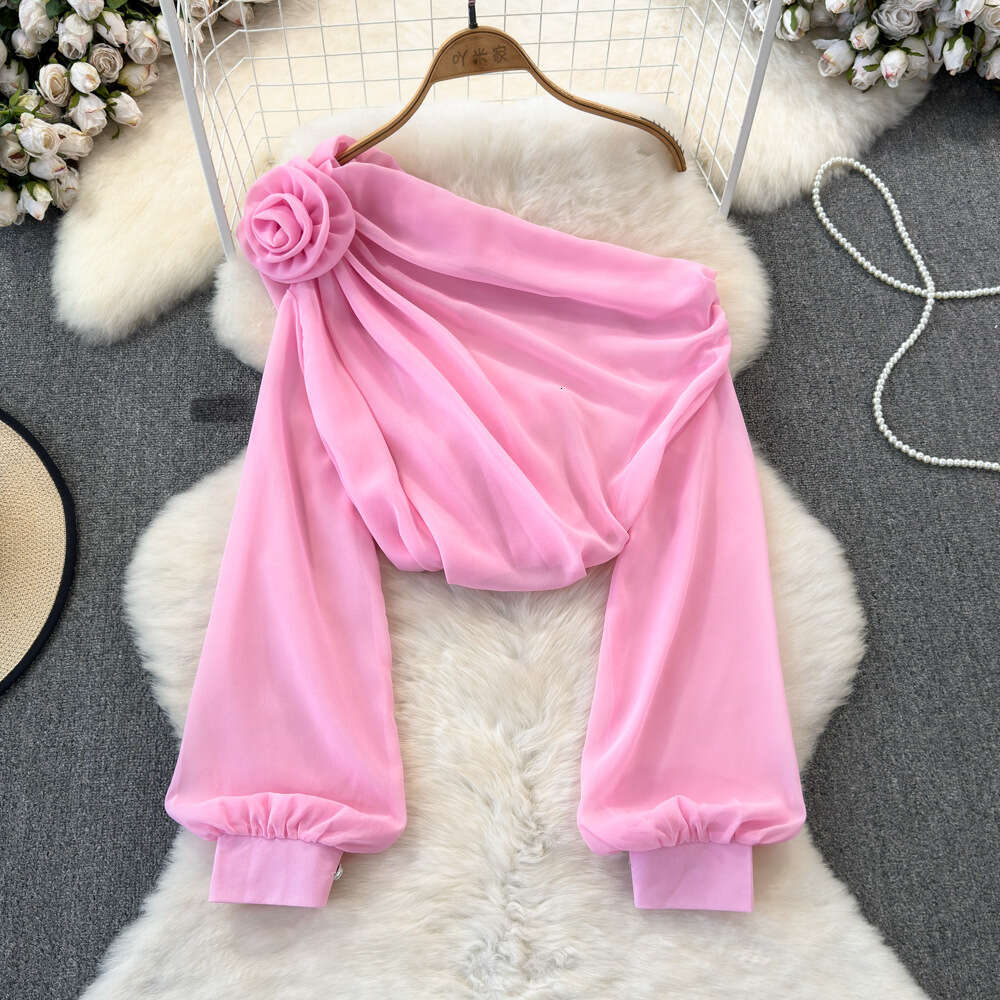 Spring and Autumn Fashion Design Sense Three Dimensional Flower Slant Neck Off Shoulder Loose and Slim Chiffon Shirt Womens Casual Top