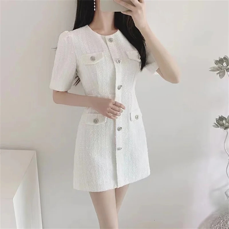 Chic Office Lady O Neck Puff Sleeve Dress Women Slim Waist Short Sleeve Tweed Summer Dresses A-Line Plaid Mini Vestidos F256 240529