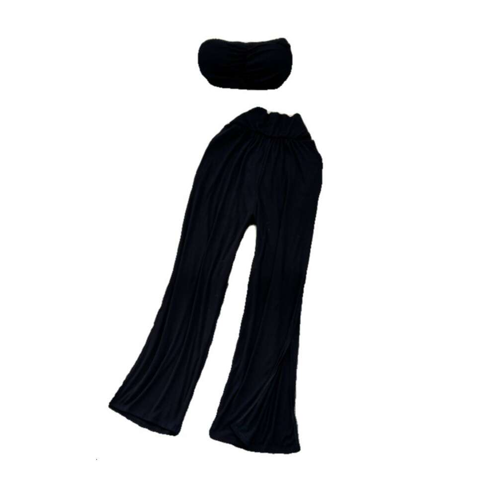 Fashion Set Womens Spicy Girl Style Printed Short Naked Bra T-shirt Set of Two Casual High Waist Slimming Wide Leg Pants