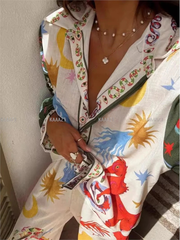 Polo Fashion Casual Print Suits Women Long Sleeves Blouse Shirt Tops Pants Chic Female 2 Piece Sets Outfits Clothes Holiday 2