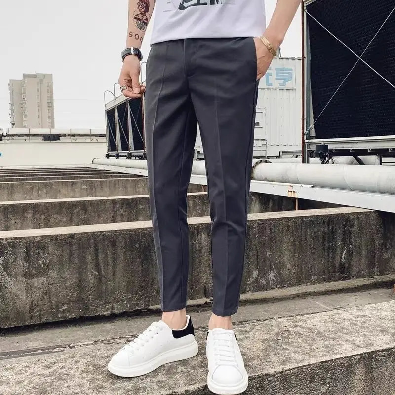 Streetwear Fashion Men Solid Color Smart Casual Suit Pants Spring Summer Thin Slim Fit Business Cropped Straight Trousers 240527