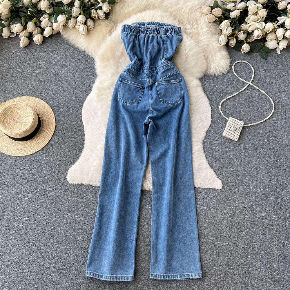 Spring/Summer New Style Sexy Slimming Single breasted Cowboy Bra jumpsuit Womens Style Wide Legged Cowboy Pants