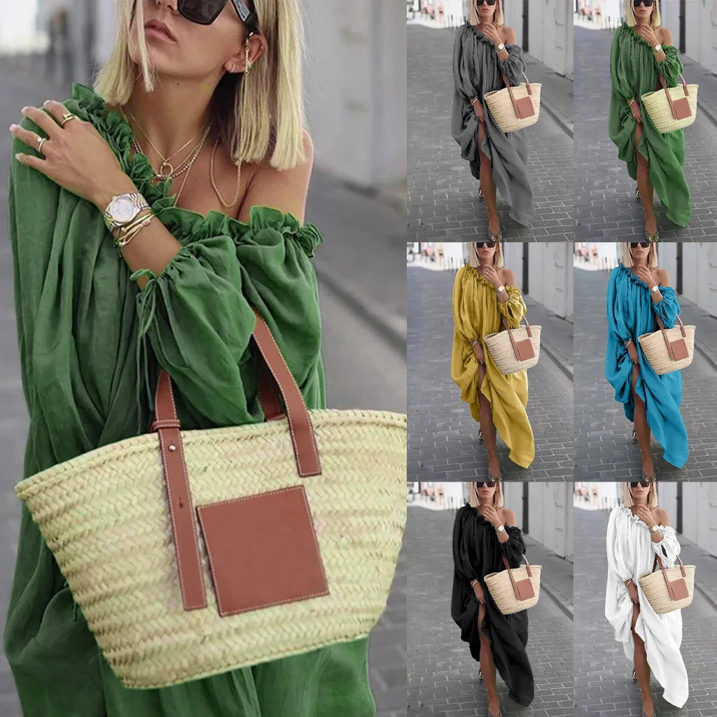 Womens dresses Women Plus Size Daily Casual Open Shoulder Vintage Loose Boho Maxi Dress holiday dresses 240529