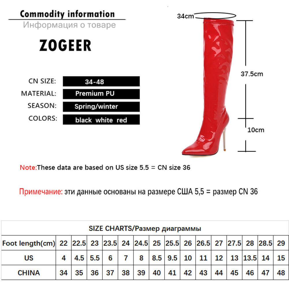 Women Boots Zipper Black Red White Knee High Boot Sexy Heels Patent Women's Autumn Winter Dance Shoes Large Size 45 48
