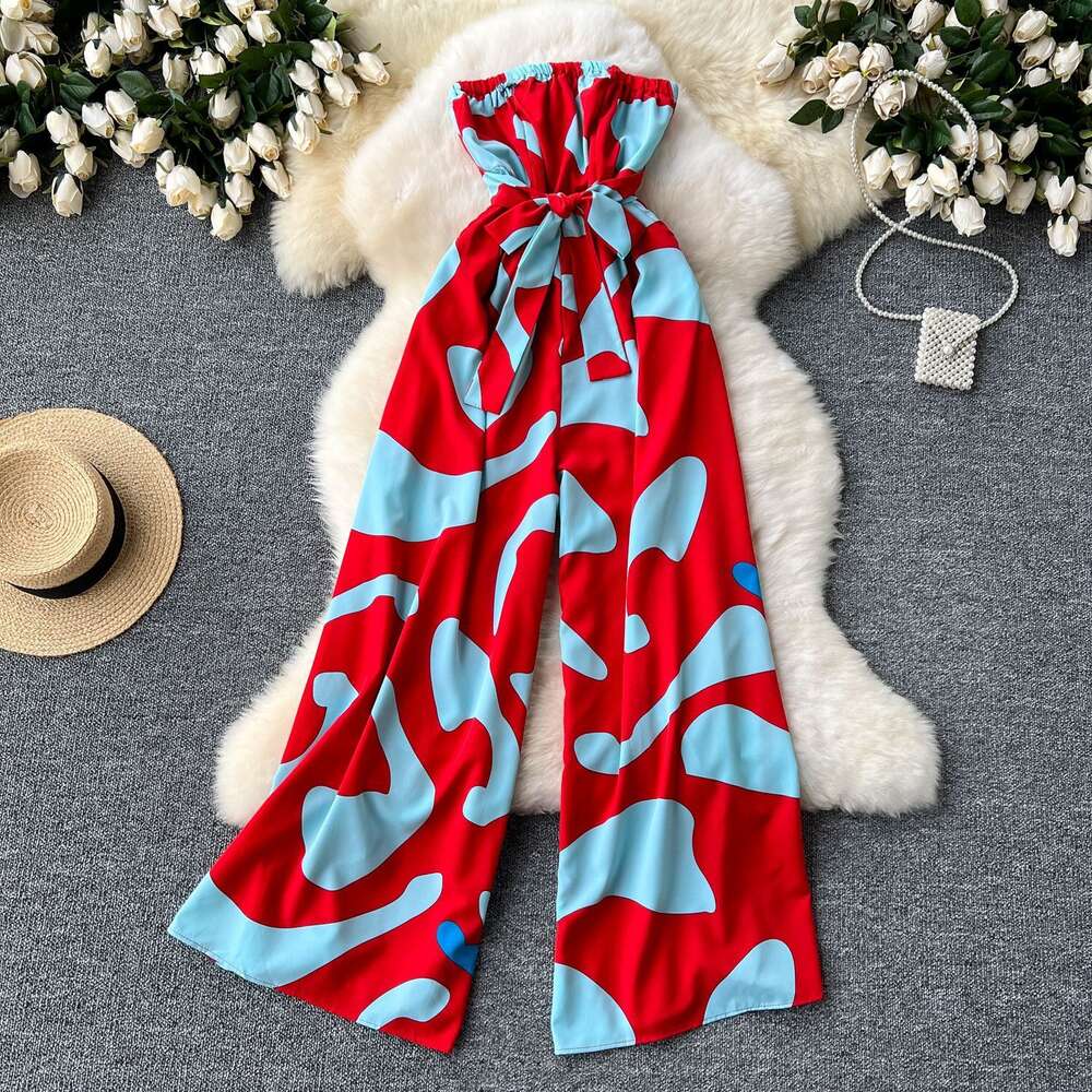 Instagram vacation jumpsuit for women light mature style waist strap one line collar strapless long casual printed pants