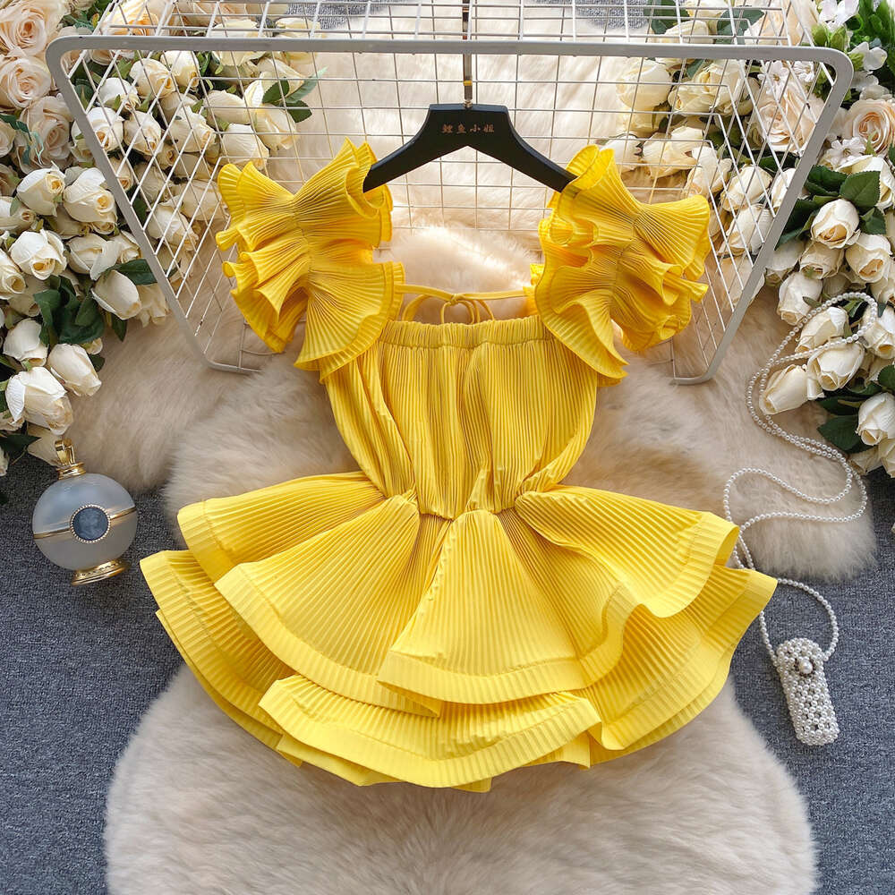 2024 European style small shirt heavy-duty pleated ruffle edge suspender chiffon shirt slim fit short ruffle hem top for women