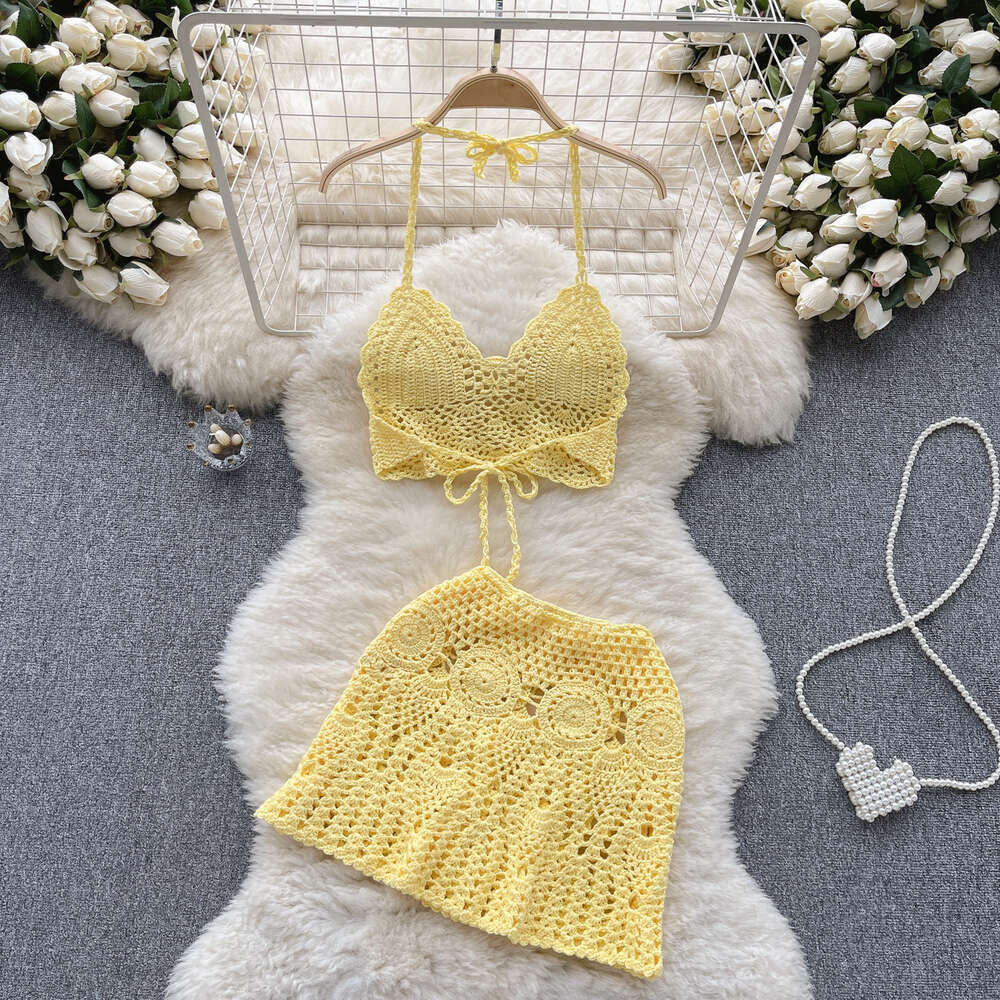 Beach resort style knitted camisole strapless hollowed out small vest+high waisted skirt spicy girl two-piece set for women