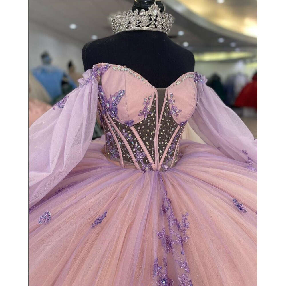 Lilac Pink Princess Quinceanera Dress With Long Sleeve Sparkly Applique Corset Bustle Sweet 16 Vestidos Para Festa De 15 Anos 0606
