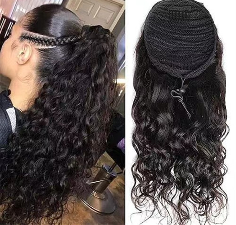 water Wave curly drawstring Ponytail Human Hair Extensions for black women full natural can be braided pony tail hairpiece Remy Hair Ponytails Clip in