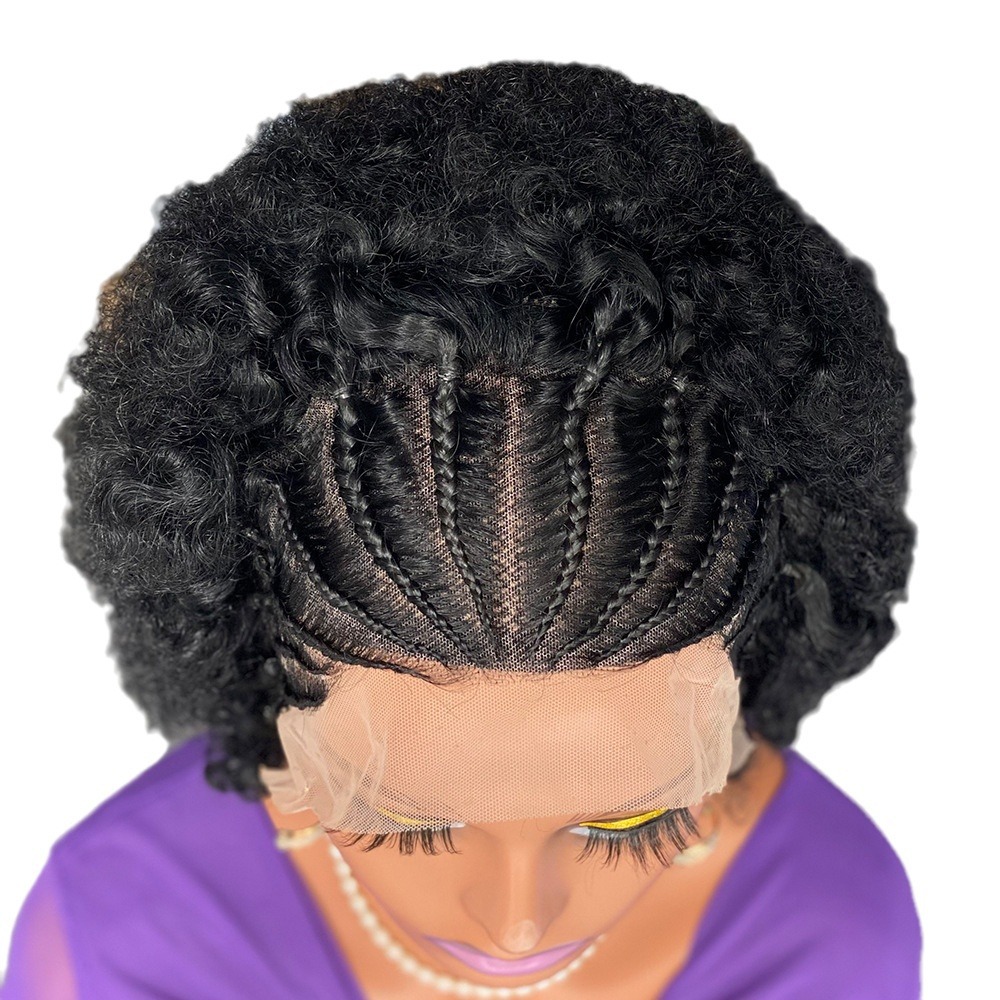 13X4 Lace Frontal Cover Braided Afro Human Natural Black 6 Inch Short Hair Curly Wig For Woman