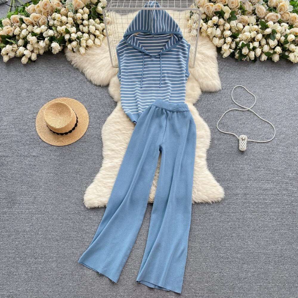Korean casual outfit womens striped hooded knit top loose and versatile wide leg pants two-piece fashion set