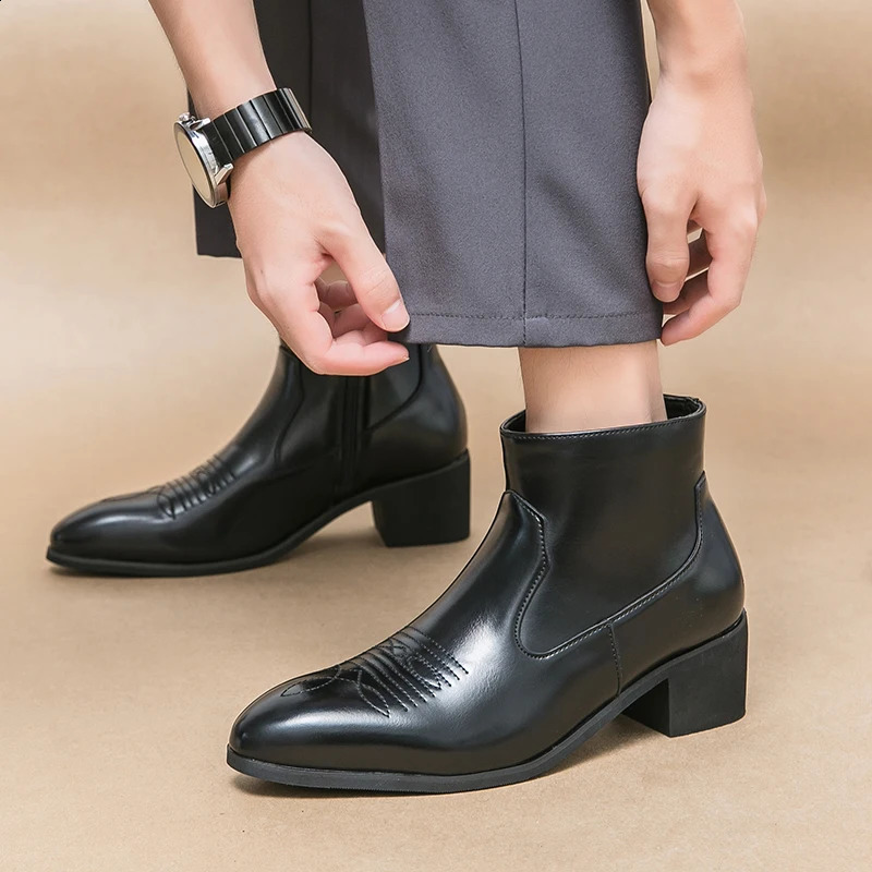 Black Western Boots for Men Cowboy Brown Chelsea Boots Zipper Ankle Business Boots Size 38-46 240606