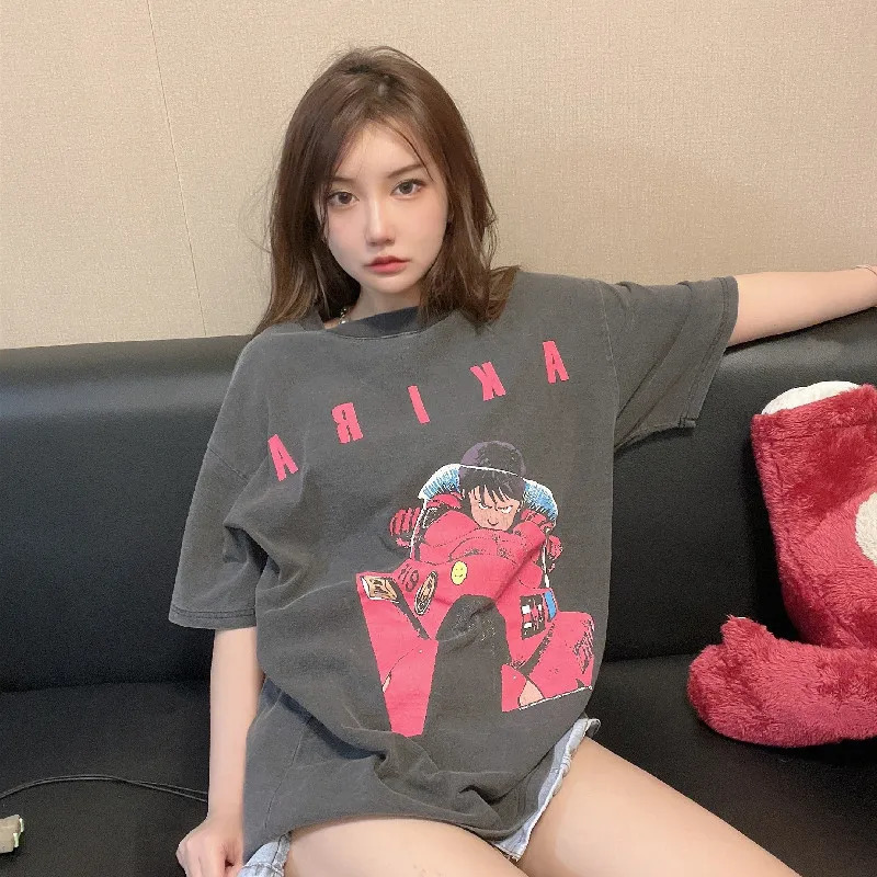 Harajuku Streetwear Washed T-Shirt Japanese Anime Girl Graphic Short Sleeve Vintage Tees 240601