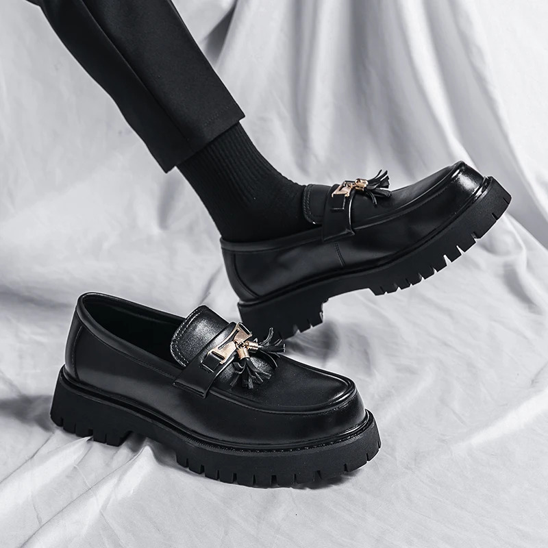 Mens Platform Leather Casual Shoes Black Loafers Dress Business Fashion Wedding 240606