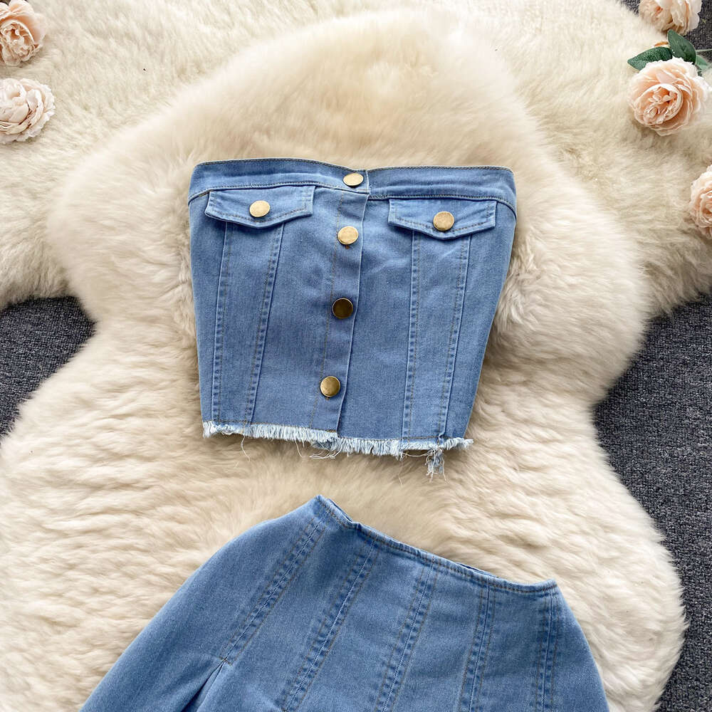 This years popular fashion set spicy girl style sexy strapless versatile short pleated skirt denim two-piece set