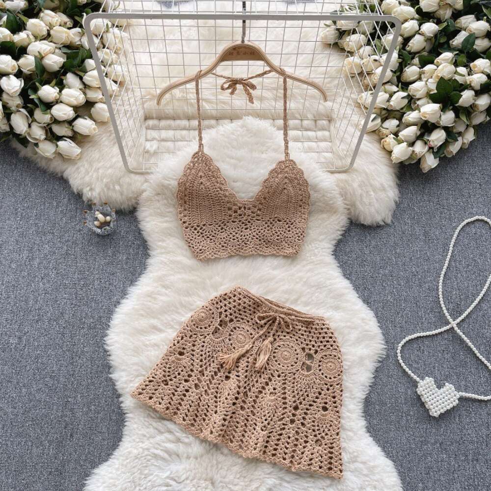 Beach resort style knitted camisole strapless hollowed out small vest+high waisted skirt spicy girl two-piece set for women