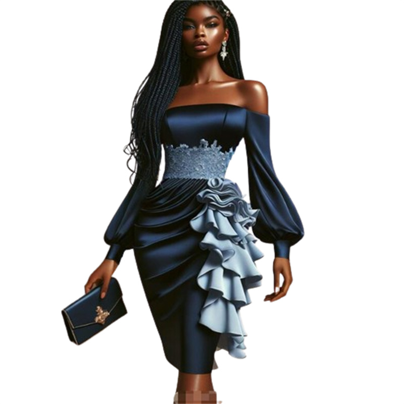 Navy Blue Aso Ebi Prom Dresses With Long Sleeve Elegant Off Shoulders Knee Length Ruffles Evening Dress Appliques Lace Short Birthday Dress Custom Coc