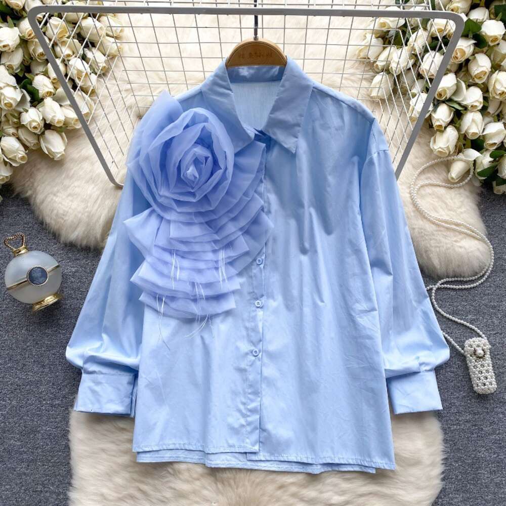 Spring womens shirt design three-dimensional floral slim fit versatile solid color long sleeved shirt French age reducing new top