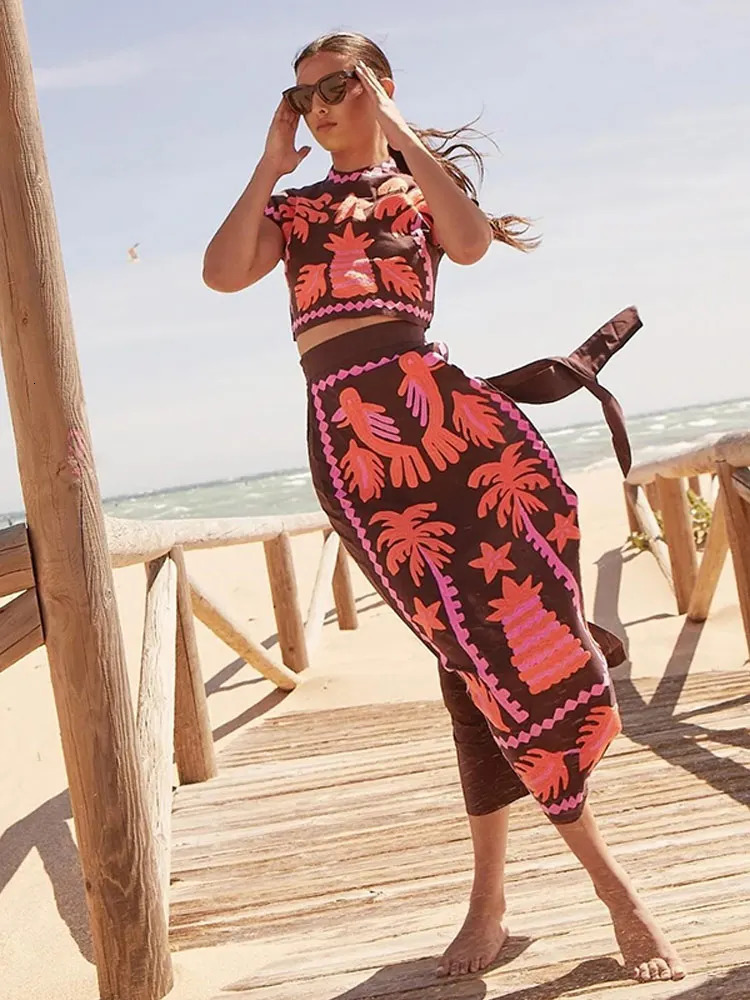 Vintage Printed Long Dress Suit Chic Round Neck Sleeveless Crop Tops High Waist Loose Dresses Set Lady Vacation Outfits 240601