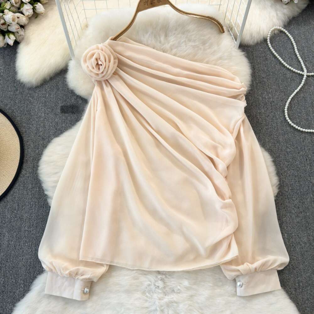 Spring and Autumn Fashion Design Sense Three Dimensional Flower Slant Neck Off Shoulder Loose and Slim Chiffon Shirt Womens Casual Top