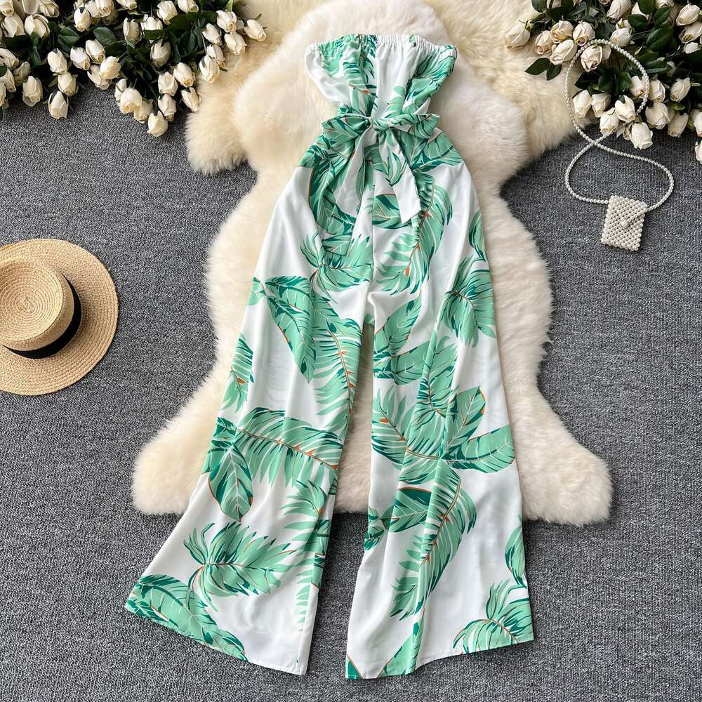 Instagram vacation jumpsuit for women light mature style waist strap one line collar strapless long casual printed pants