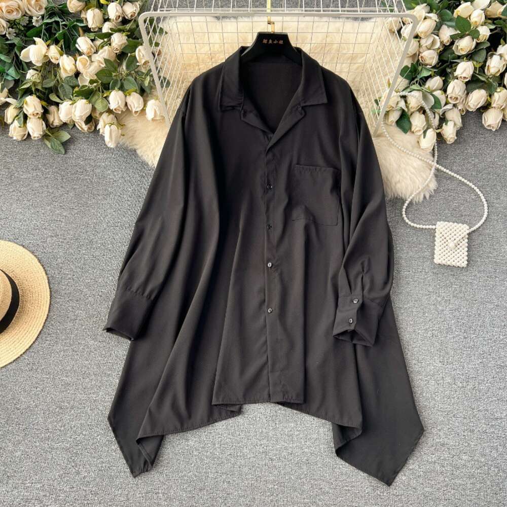 European style large edition design feels irregular and loose slimming out the middle and long size womens long sleeved shirt womens new top