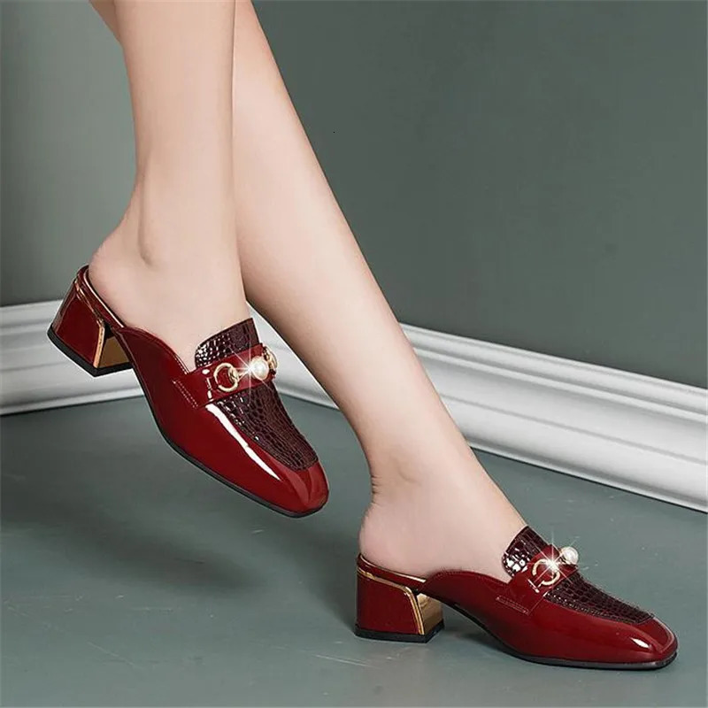 Women Baotou Half Slippers Fashion Metal Chain Square Toe Thick Heel British Style Office Casual Shoes Spring Summer 240606