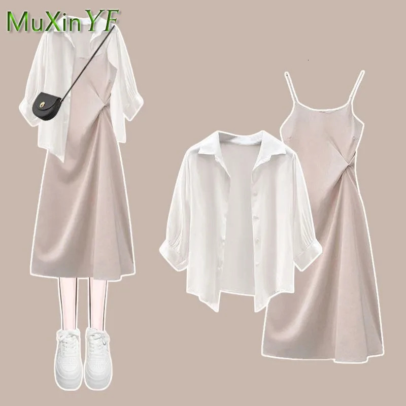 Womens Summer Dress Matching Set 2023 Fashion Chiffon Sunscreen Shirt Slip Skirt Twopiece Korean Elegant Chic Blouse Suit 240601
