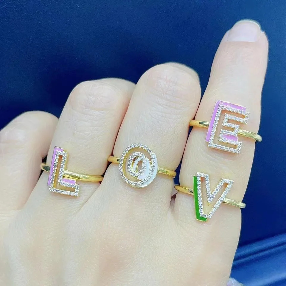 DUOYING Custom Letter Ring Personalized Enamel A-Z Initial Hollow 3D Rings Adjustable For Girls Jewelry Gift 240530