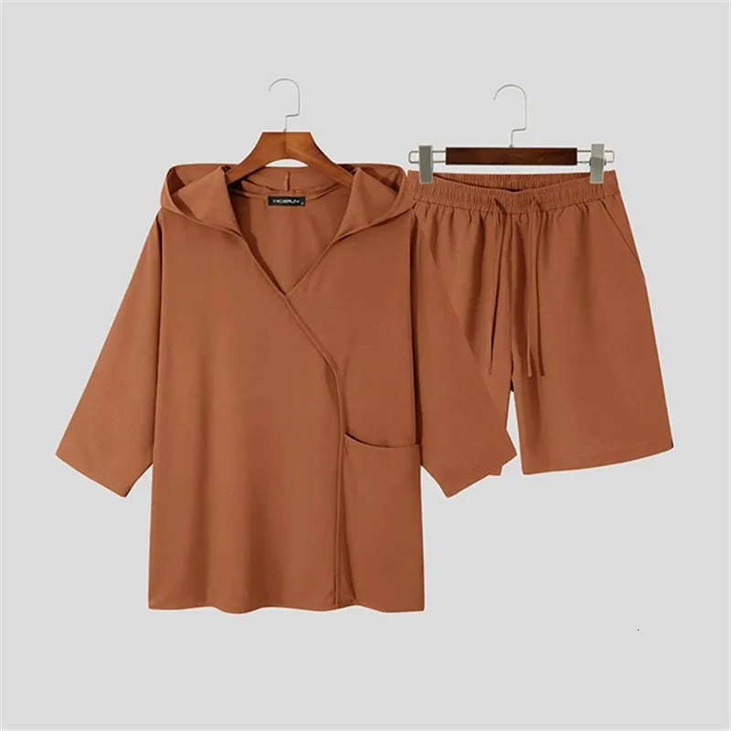 Mens Cotton Linen Two-Piece Set Short-Sleeve Hoodie V-Neck T-Shirt Loose Home Suits Irregular Shorts Monochromatic Summer 240530