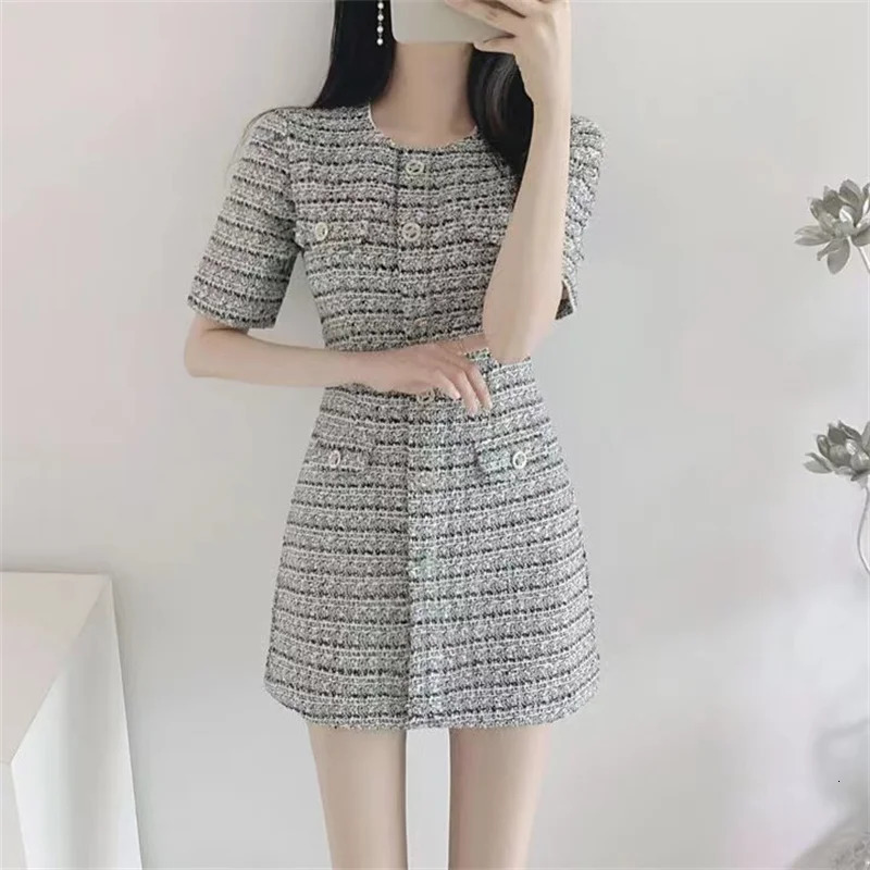 Chic Office Lady O Neck Puff Sleeve Dress Women Slim Waist Short Sleeve Tweed Summer Dresses A-Line Plaid Mini Vestidos F256 240529