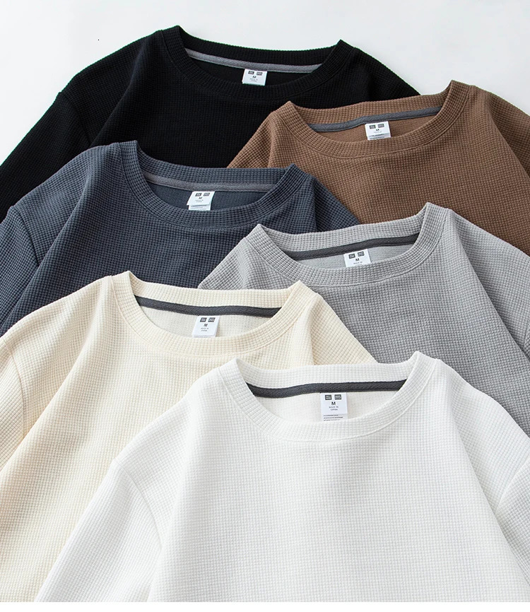 260G Mens Autumn Heavyweight Premium Waffle Basic T-shirt Long Sleeve Simple Solid Color Delicate White Tees Casual Daily Tops 240530