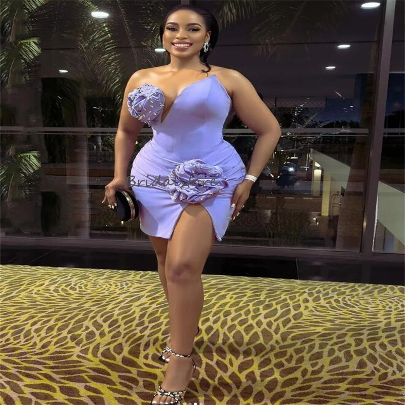 Sexy Lilac Short Prom Dresses With Handmade Flowers Elegant Mini Short Black Girls Evening Dress 2024 High Slit Cocktail Party Wear Satin Formal Cerem