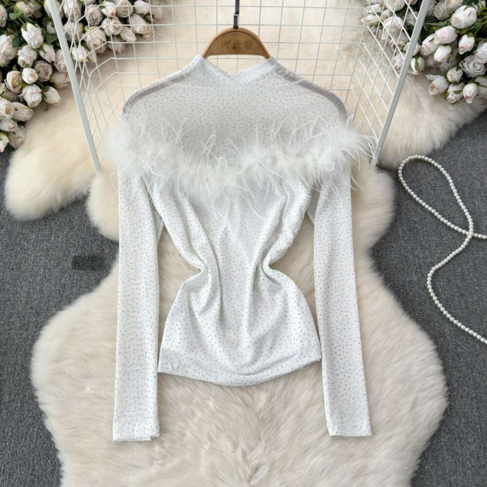 Fashionable and sexy long sleeved stand up collar with fur splicing slim fit with diamond mesh T-shirt womens fashion bottom top