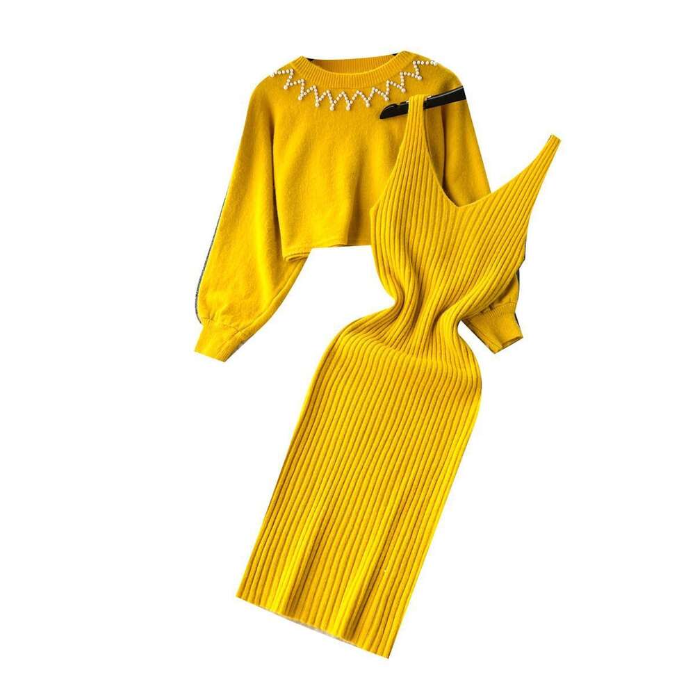 Autumn and Winter French Light Luxury High Grade Loose Knitted Round Neck Top+Strap Dress Two Piece Set for Women