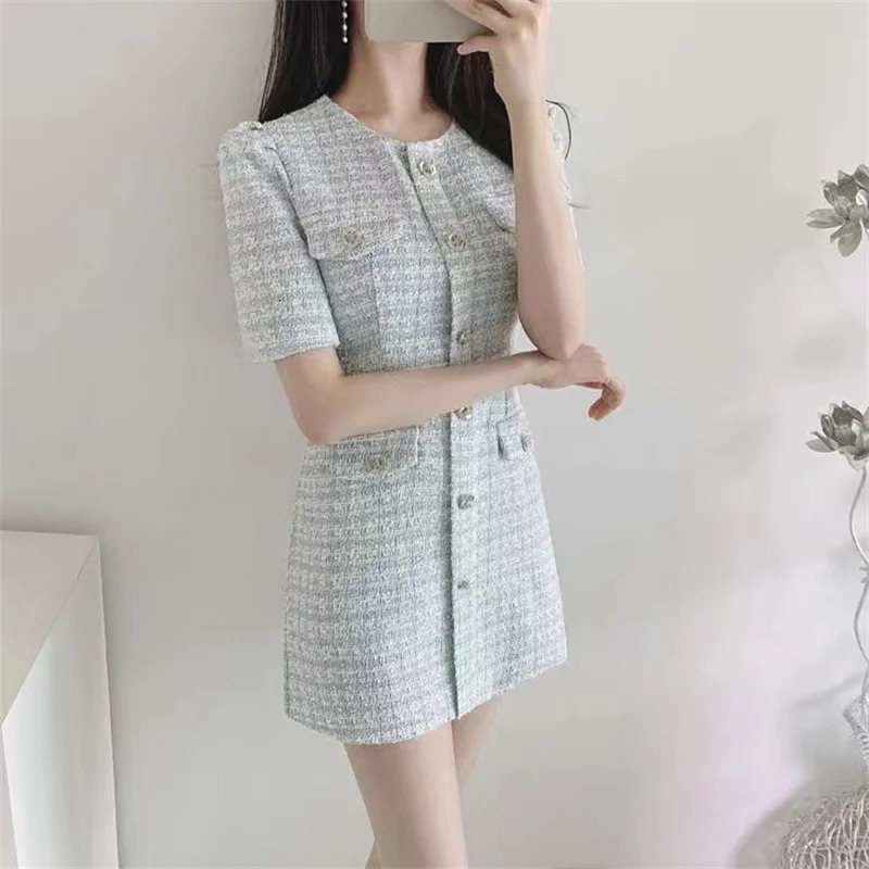 Chic Office Lady O Neck Puff Sleeve Dress Women Slim Waist Short Sleeve Tweed Summer Dresses A-Line Plaid Mini Vestidos F256 240529