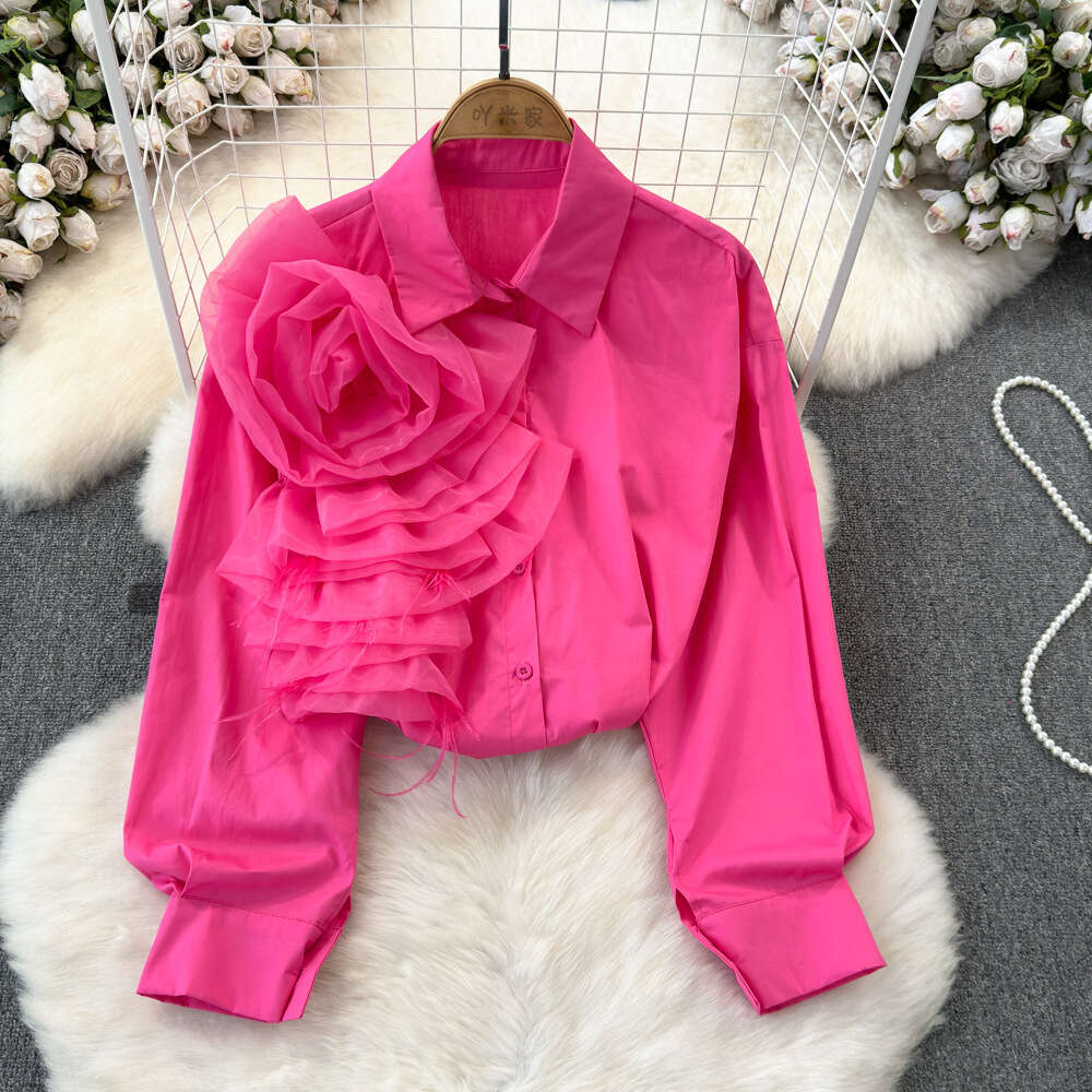 Fashionable socialite temperament design sense long sleeved three-dimensional flower Polo collar loose single breasted shirt for womens casual top