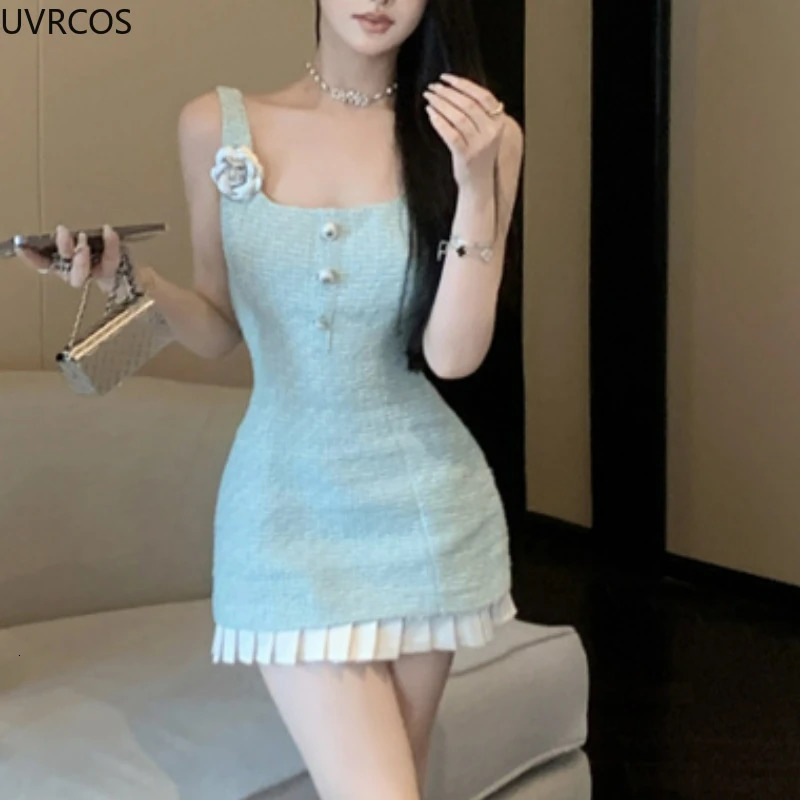 Yellow Korean Fashion Tweed Dress Women Sexy Tank Vest Mini Party Dresses Female Sweet Gold Button Elegant Slim Strap Dress 240529