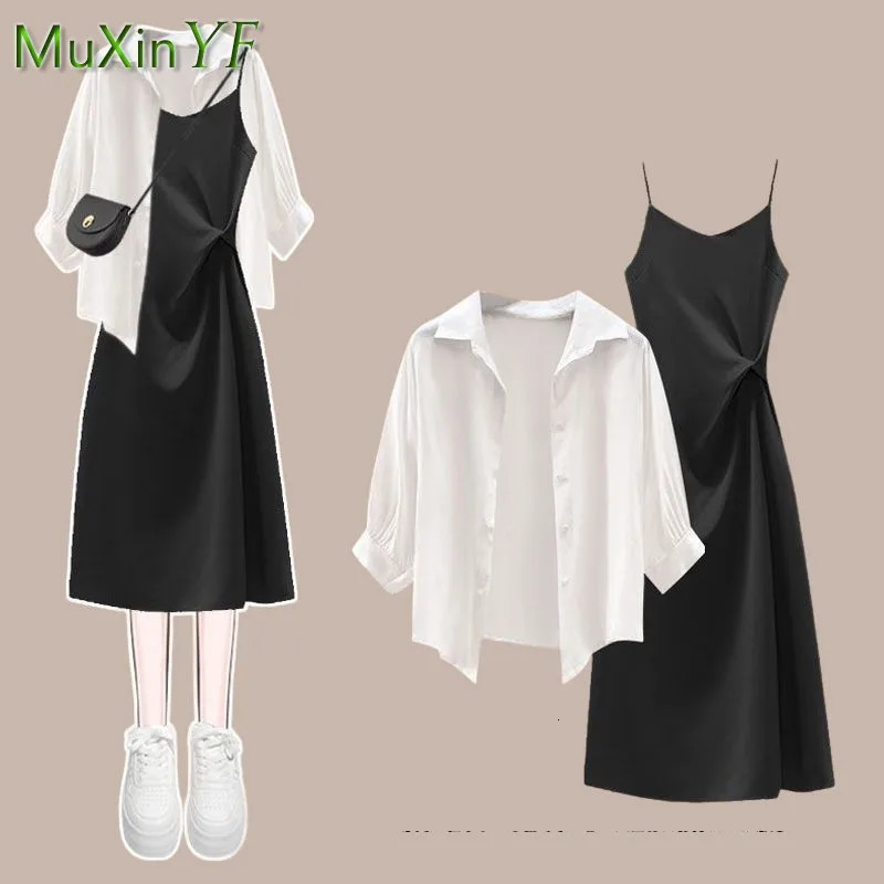 Womens Summer Dress Matching Set 2023 Fashion Chiffon Sunscreen Shirt Slip Skirt Twopiece Korean Elegant Chic Blouse Suit 240601
